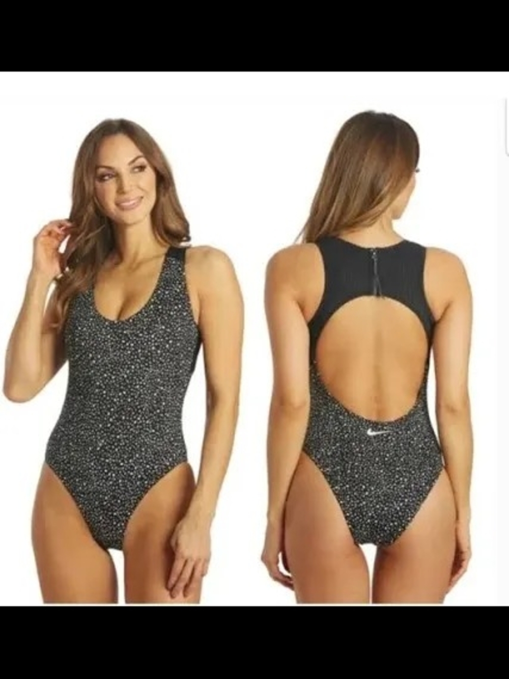 Nike Black and White Speckle Open-Back One-Piece Swimsuit